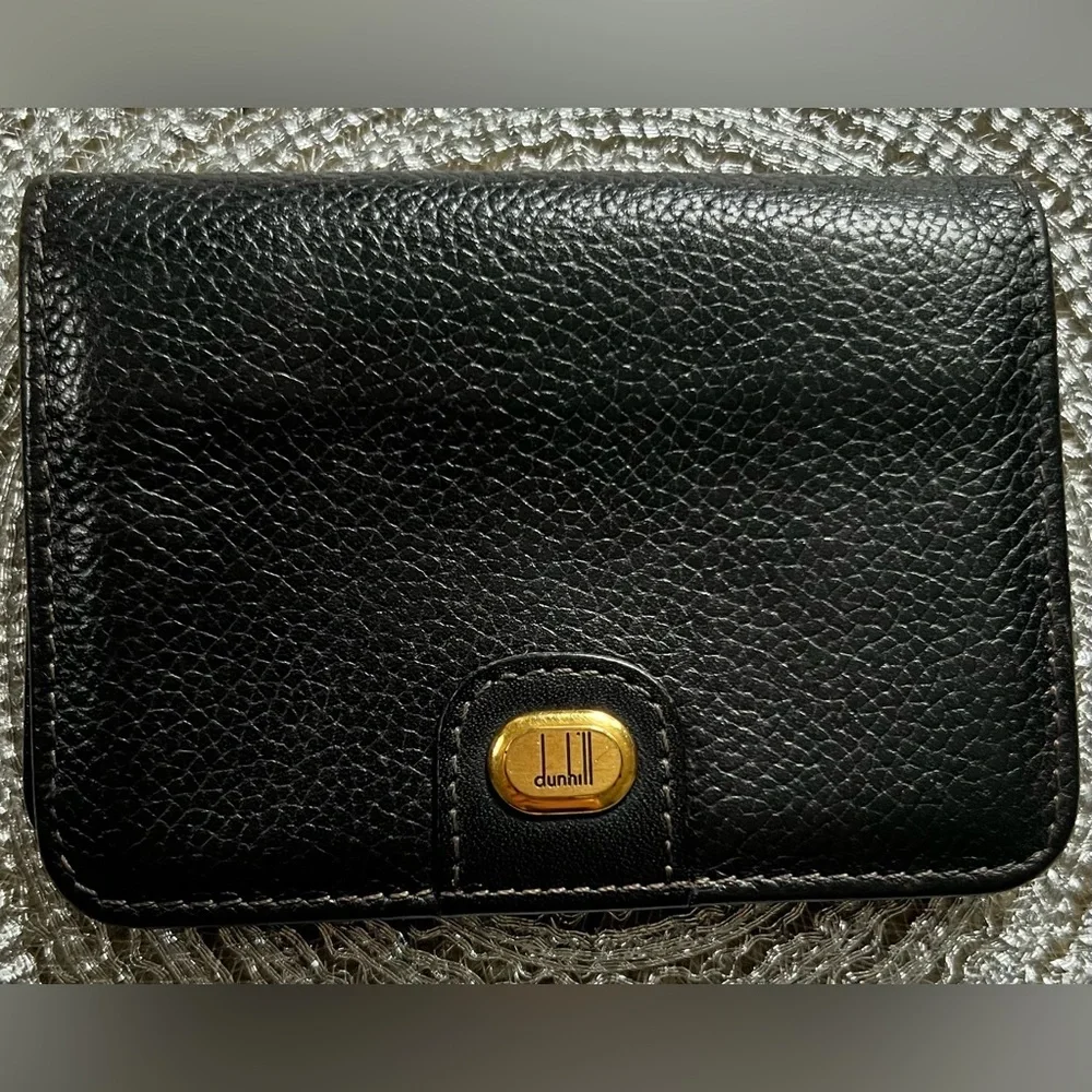 Vintage Dunhill Black Leather Unisex Card Case with Gold Accent
